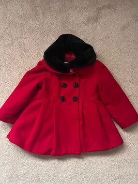 Toddler 2 Red Double-Breasted Coat with Black Furry Collar